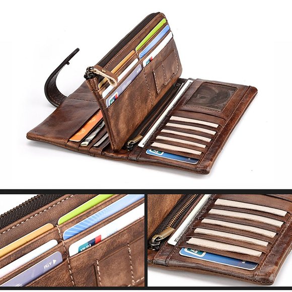 RSWSP Vintage Men's Genuine Leather Long Wallet w/ Detachable Zipper Pocket - Picture 5 of 13